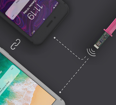 graphic of medical device connecting wirelessly to two smartphones