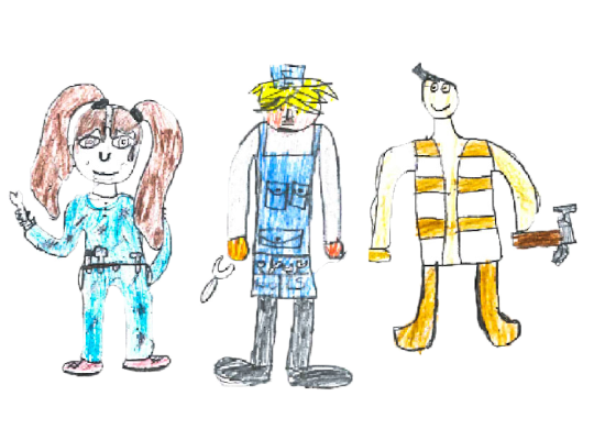 childs drawing of three people with tools