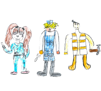 childs drawing of three people with tools