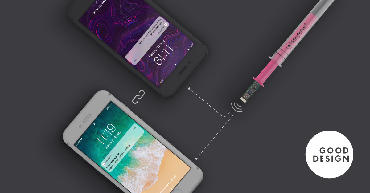 MagicPol Device | Medical Device Design | Team Consulting View of MagicPol syringe connecting to two phones to show its innovative capabilities