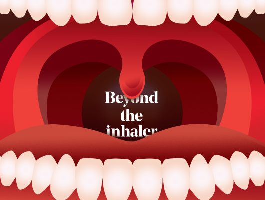 illustration of open mouth with title beyond the inhaler in the middle