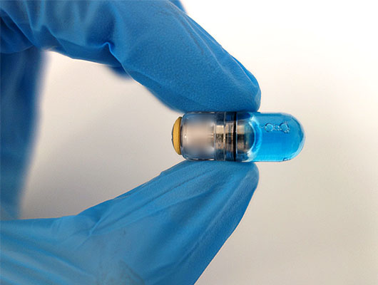 Gloved hand holding a small medical device between its fingers